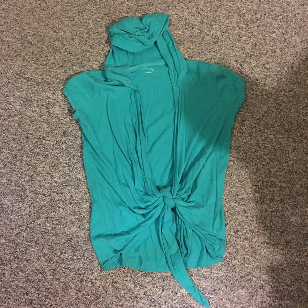 Short sleeve hooded tie front cardigan